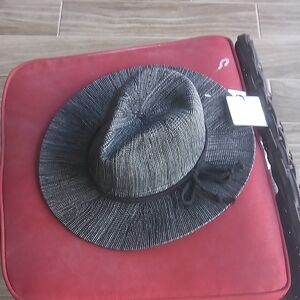 Laundry By Shelli Segal Black and Gray Straw Fedora with Bow Trim